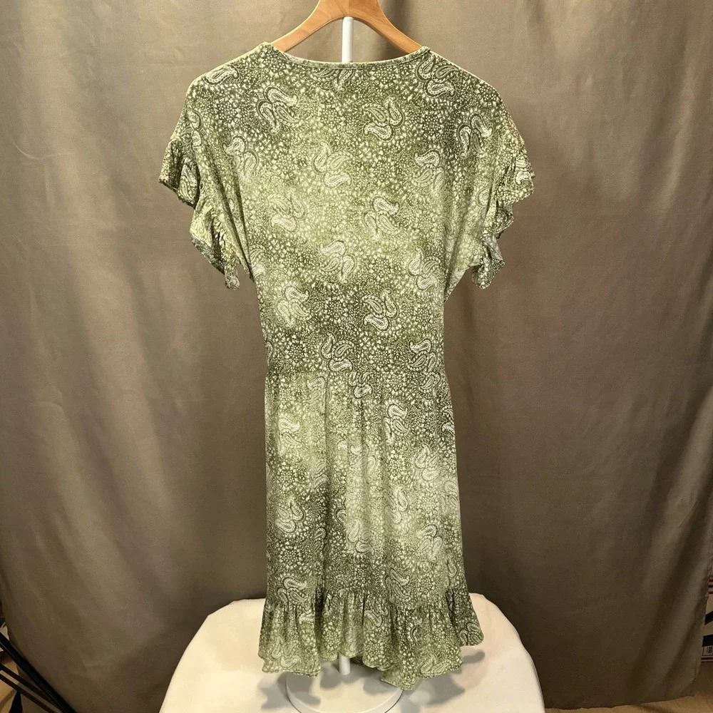 Michael Kors Womens Green Paisley Ruffle Hem Tie Waist Dress Size M Short Sleeve